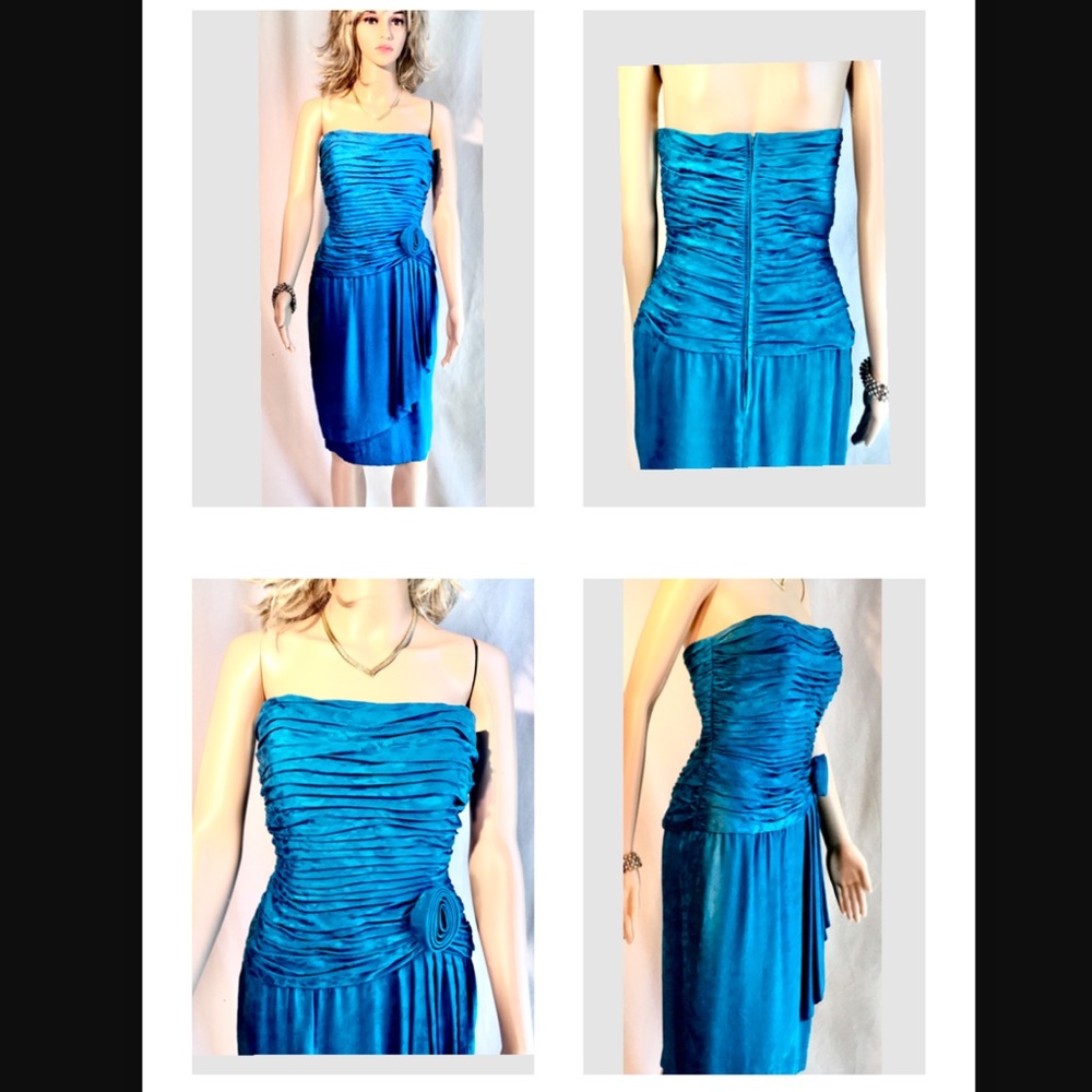 AJ BARI Vintage Blue Strapless mini cocktail dress Ruching Draping Quiet Luxury - Picture 4 of 14